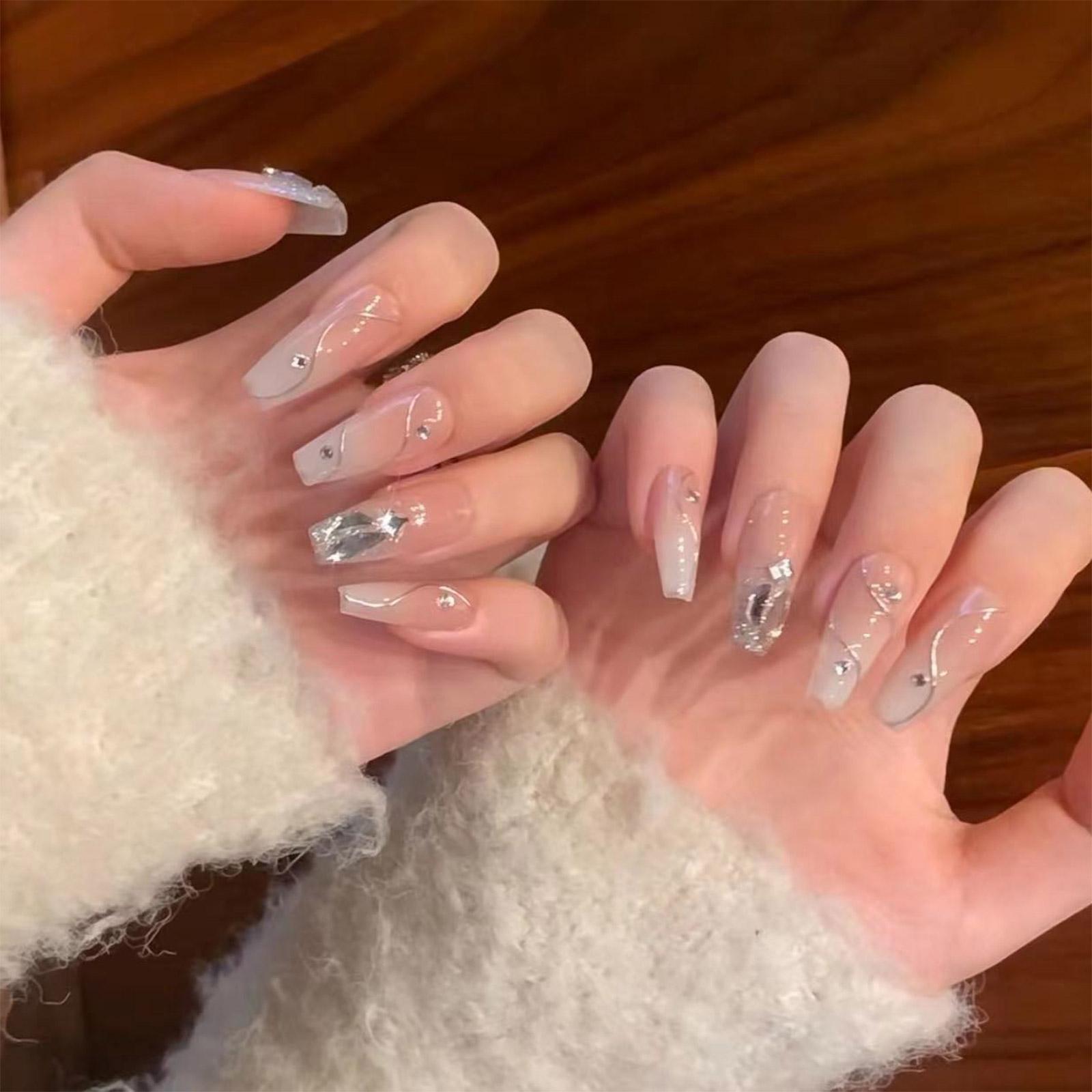 

24 шт. накладные ногти, накладные ногти с блестками и жемчугом, украшения для ногтей для модных женщин