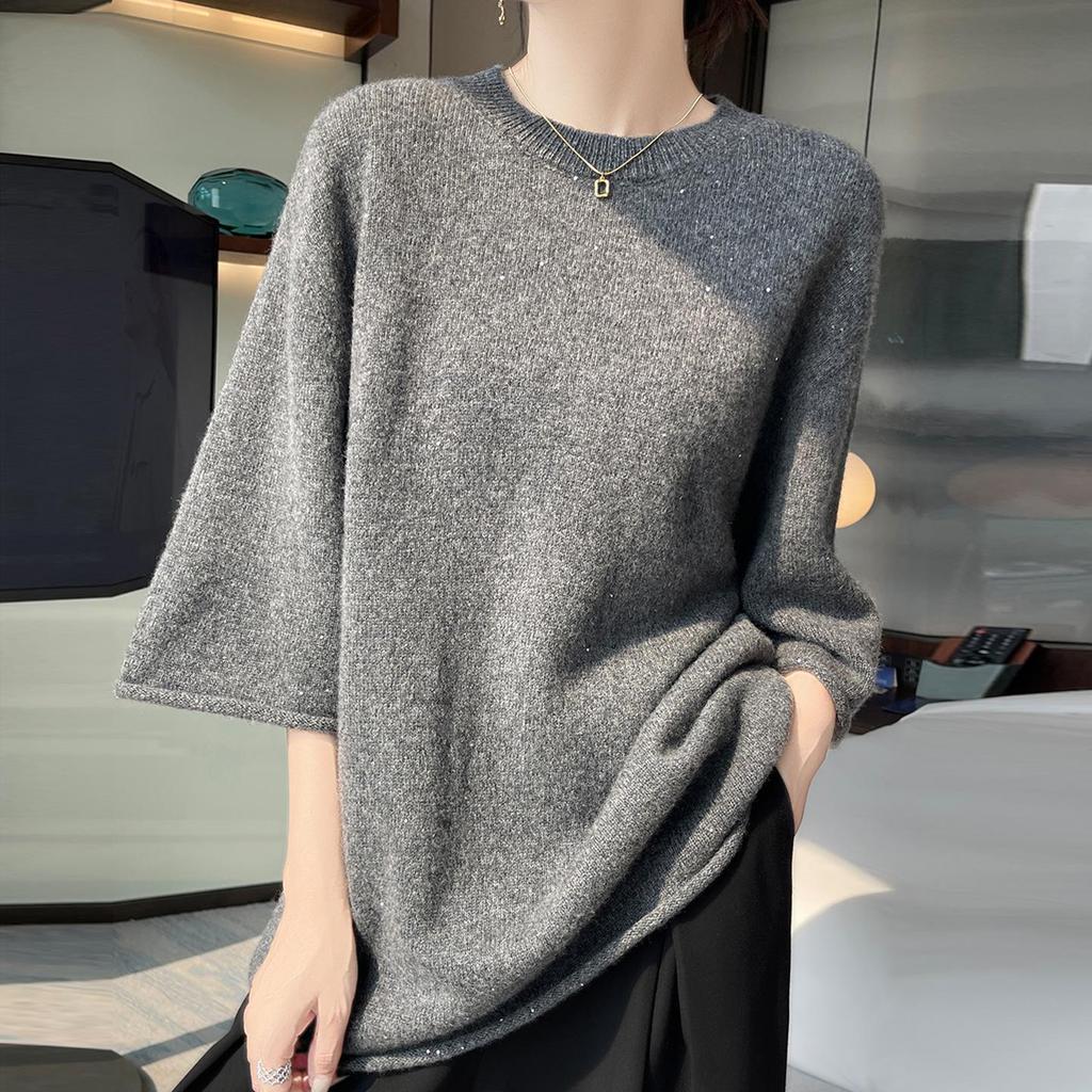 Mid-Length Sequin Wool Knitwear: 5-Sleeve Round Neck, Loose Fit