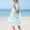 Dames Zomer Casual Bloemenprint Korte Mouw O Hals Hoge Taille A-lijn Gelaagde Flowy Boho Maxi Jurk