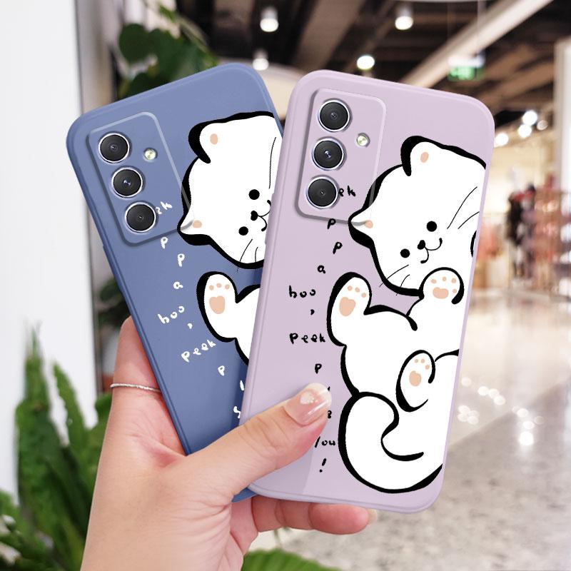 English White Cat Phone Case For Samsung Galaxy A37 A57 Liquid Silicone Cover