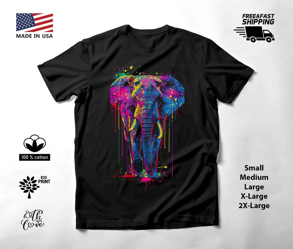 Elephant Portrait Neon Graphic T-Shirt Black Unisex S-2XL