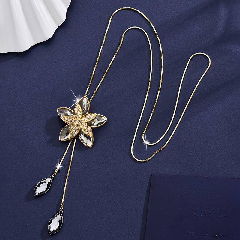 Fashionable Elegant Marquise Flower Pendant Long Sweater Chain – Artificial Crystal Gray, Perfect Fall Winter Accessory for Women, Ideal Gift
