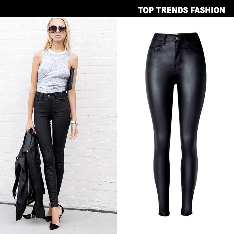 High Waist Slim Fit Stretch Faux Leather Denim Pants With PU Pockets Motorbike Style Plus Size