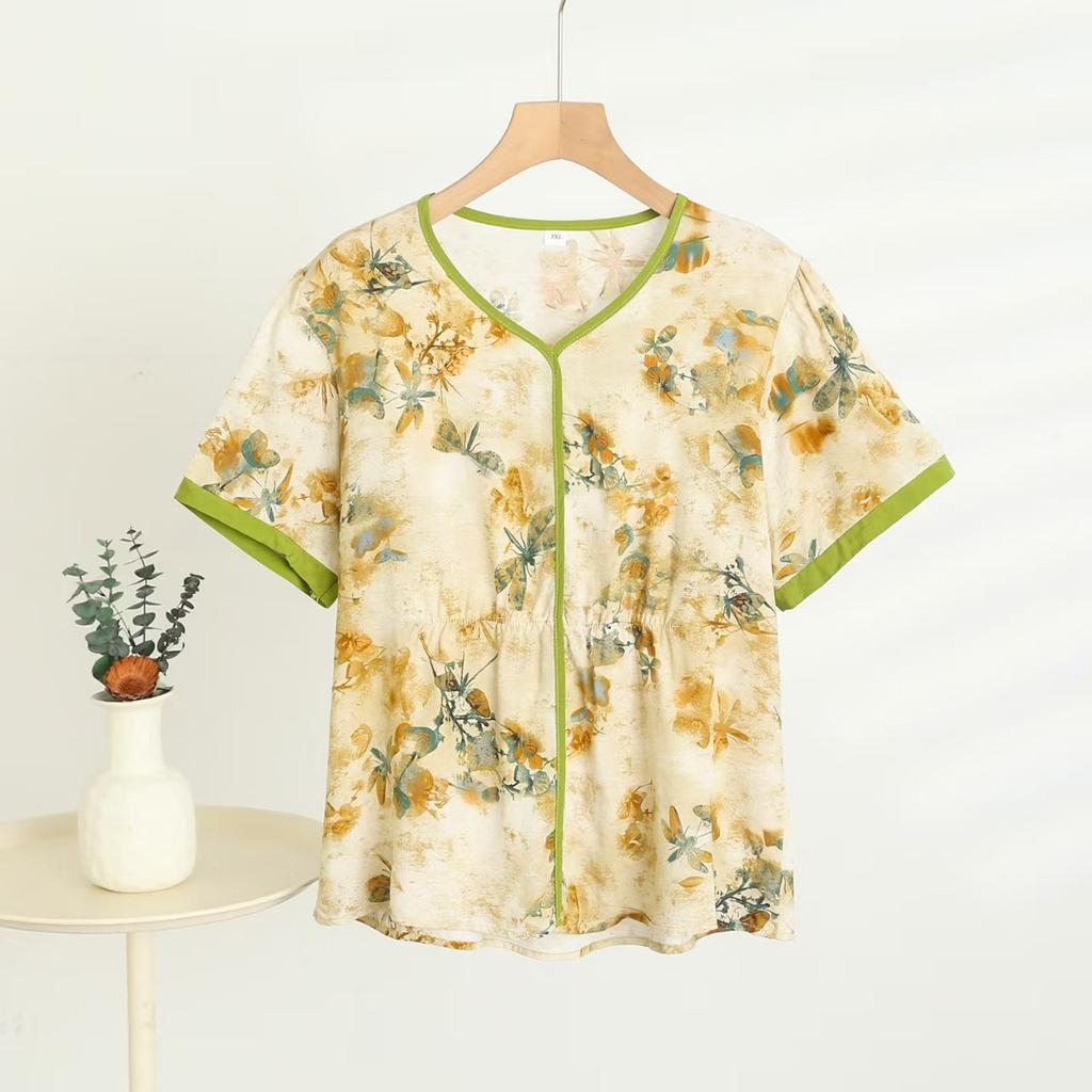 Cotton Short-sleeved T-shirt Annual Mom Clothes Ladies Tops Summer Thin Chinese Style Printing Loose Floral Shirt