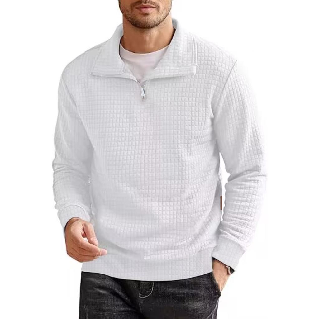 Large Size Men's Spring and Autumn Top Plaid Zipper Sweatshirt Solid Stand Collar Pullover
