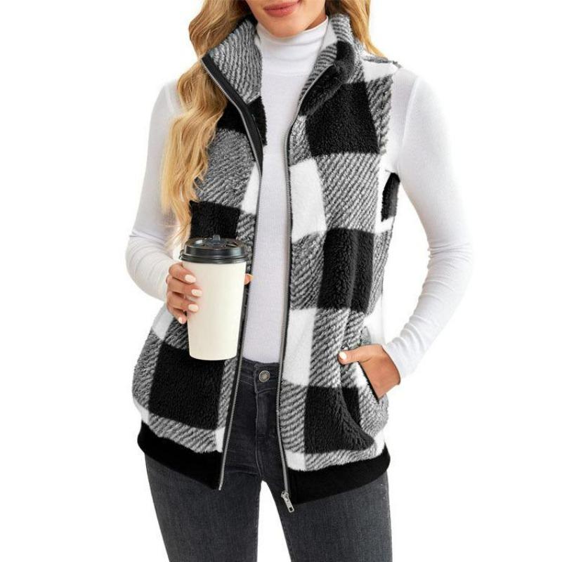 Women's Plaid Fleece Vest Stand Collar Zip Up Sleeveless Jacket Warm Casual Fall Winter Waistcoat S-5XL