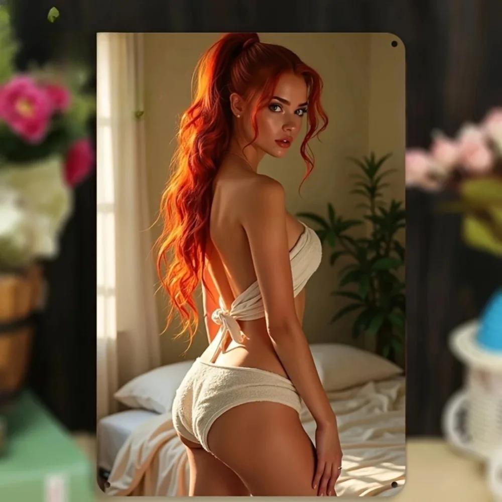Vintage Red Hair Lady 2D Aluminum Wall Art 8x12 Inch - No Power Easy Hang Home Decor for Bedroom Living Room