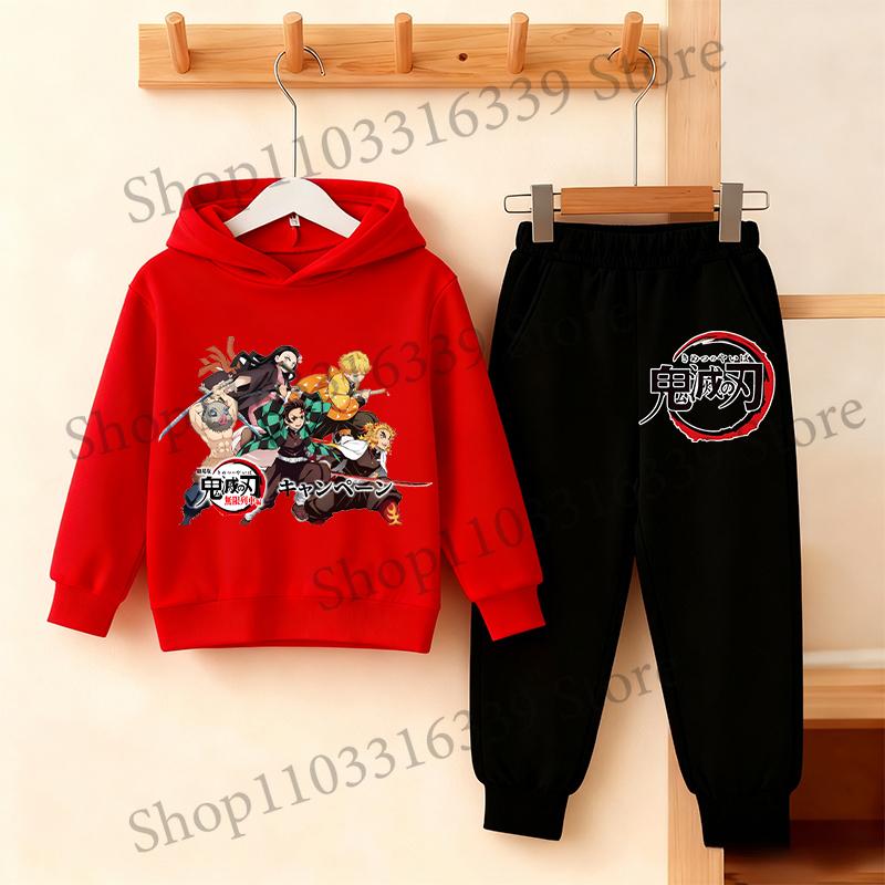 Felpa con Cappuccio e Pantaloni Anime Demon Slayer Set per Bambini Felpa con Cappuccio Giacca Pantaloni Set Ragazzi Ragazze Top Pullover Autunnale Abbigliamento Regalo