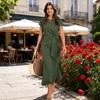 Women’s Short Sleeve Waist Tie Midi Dress Business Casual Solid Crew Neck Split Hem Soft Fabric Office Wear