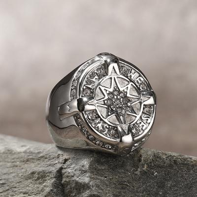 Hip Hop Kompas Titanium Stalen Ring voor Mannen Punk Stijl Gepersonaliseerde Diamant Zirkonia Ring Zilverkleur Mannelijke Heren Sieraden Accessoires