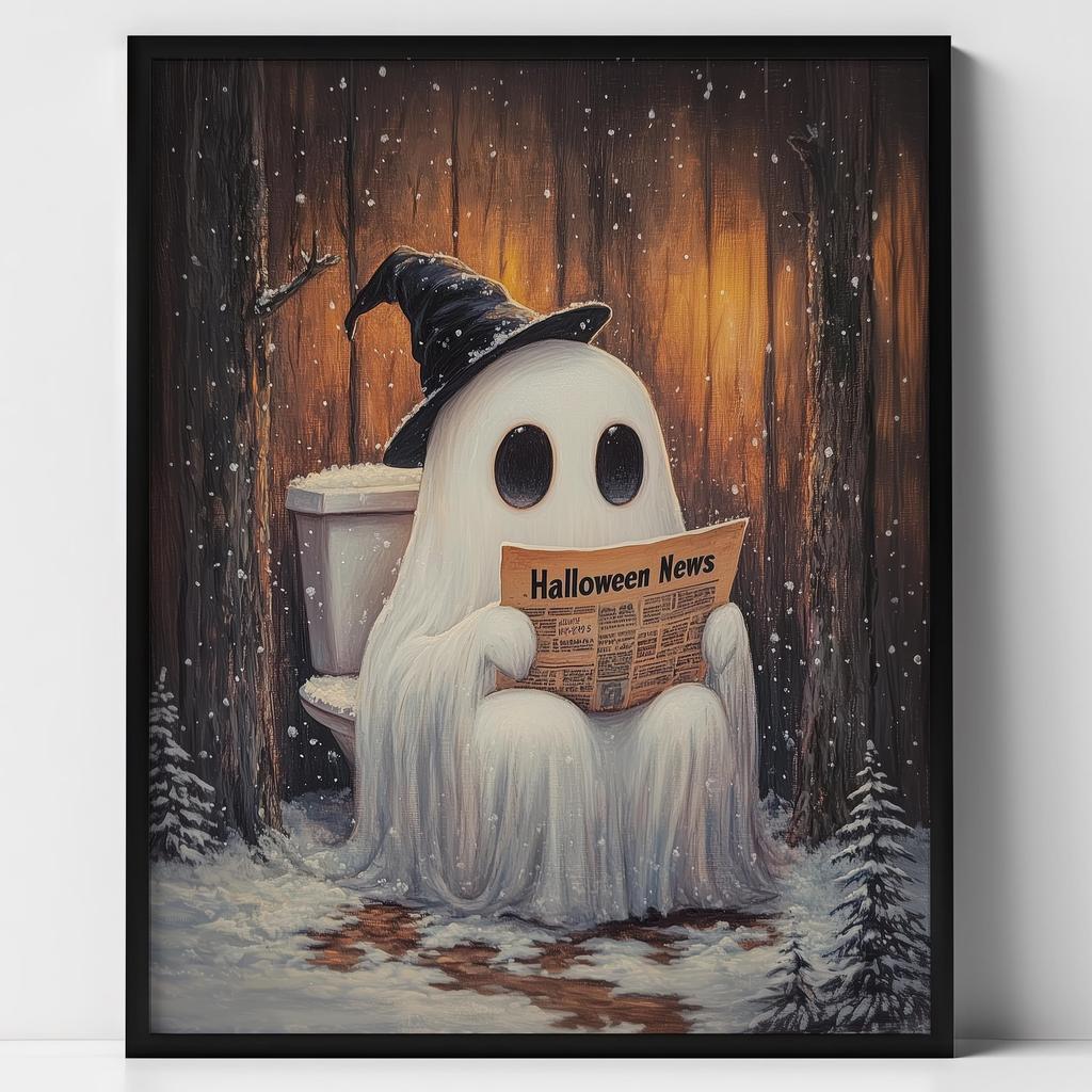 Cute Ghost Black Cat Riding A Broom Canvas Print Ghost Read Book Jack-o-lantern Halloween Wall Art Poster Autumn Home Decor Gift