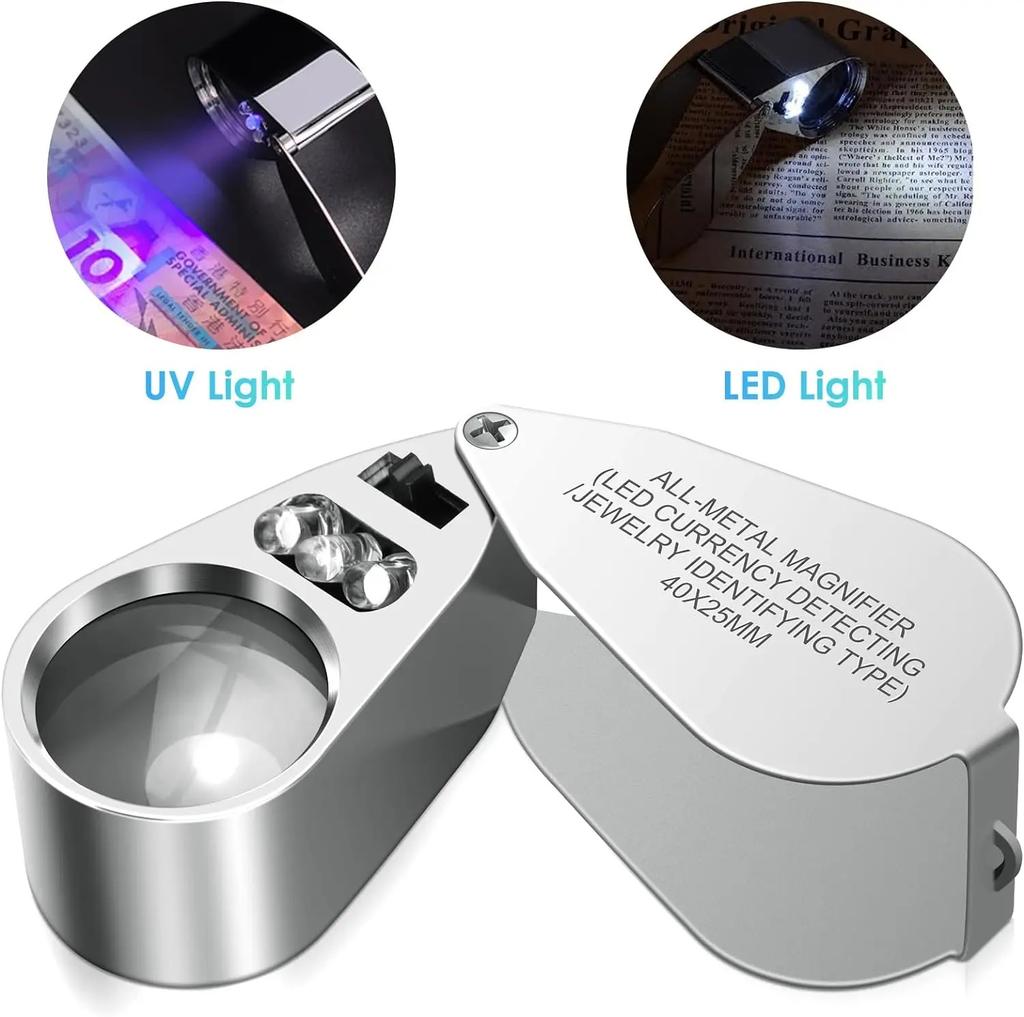 40X Illuminated Jeweler Loupe with LED UV Light Magnifier Optical Glass Metal Body for Jewelry Appraisal and Watch Repair