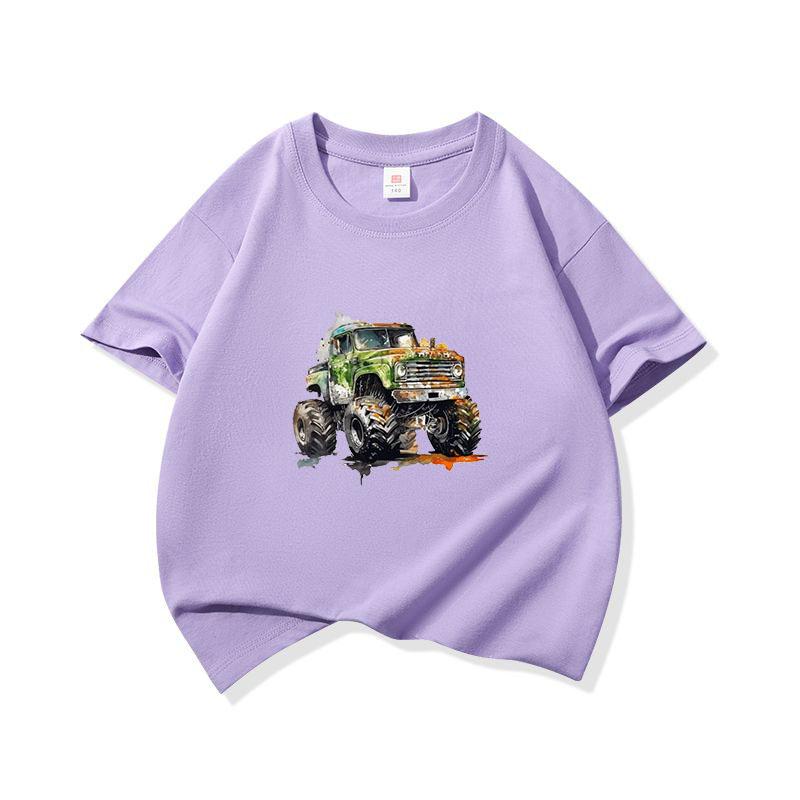 Kids Cotton T Shirt Watercolor Offroad Car Print Crew Neck Short Sleeve Tee Casual Breathable Boys Girls Summer Tops