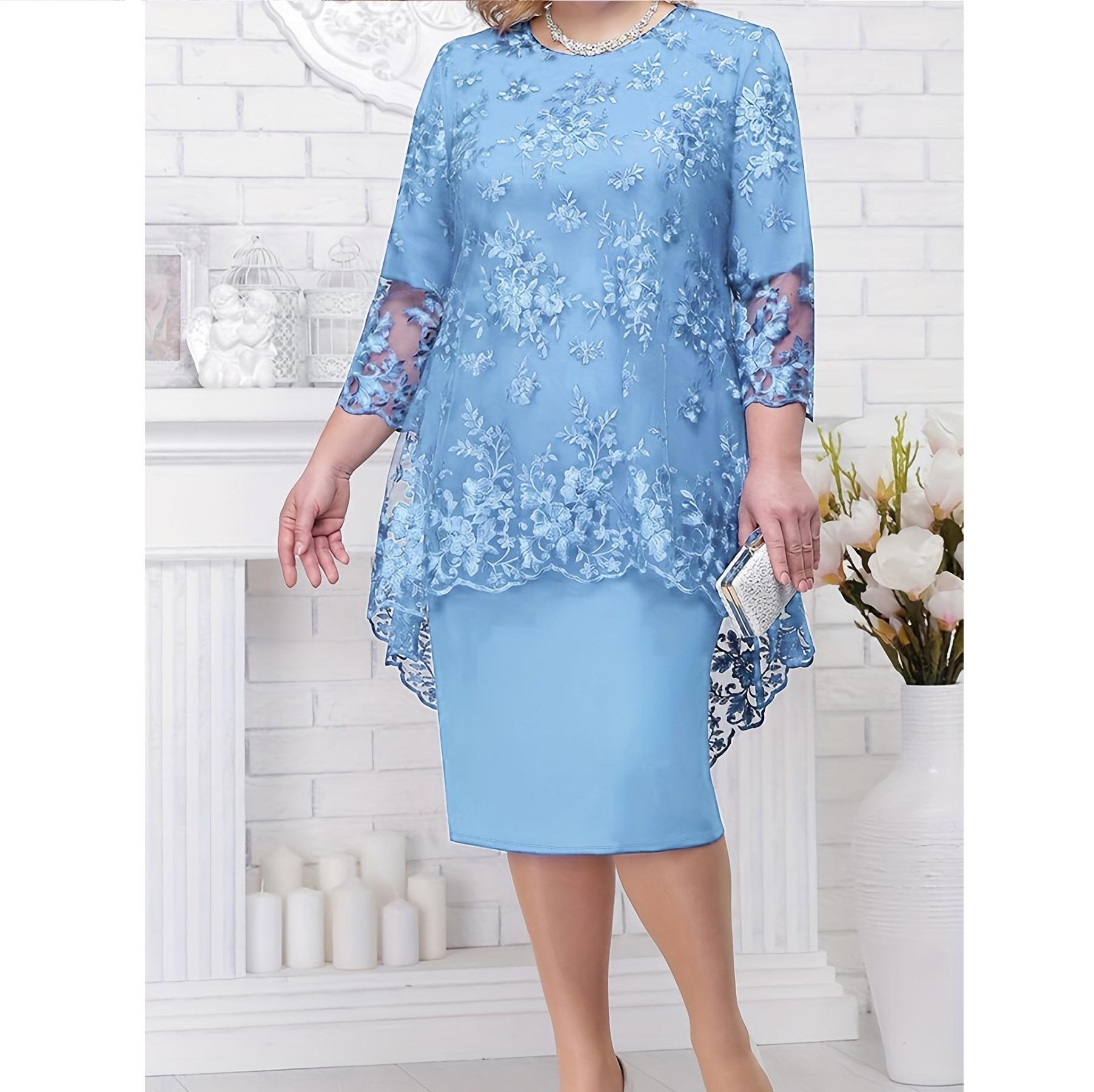 

Платье большого размера, женское вечернее платье, комплект из двух предметов с вышивкой из кружева Heavy Industry, темперамент, для поездок на работу, облегающий крой 8XL светло-синий