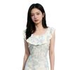 French blue and white tie-dye sleeveless dress for women's summer new square collar ruffle edge waist and thin temperament long dress