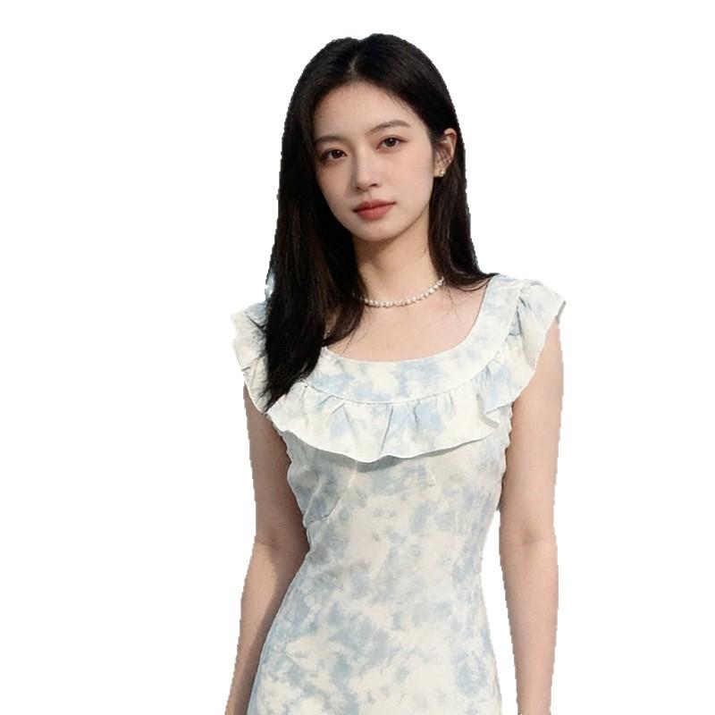 French blue and white tie-dye sleeveless dress for women's summer new square collar ruffle edge waist and thin temperament long dress