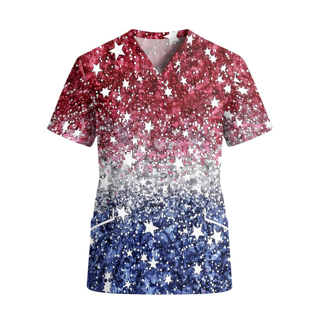 Women's V Neck Short Sleeve Work Shirt with Pockets Independence Day Star Print Medical Uniform Top for Healthcare Professionals