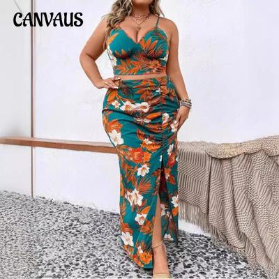 Completo gonna e top canotta da donna taglie forti con stampa floreale, scollo a V, sexy, con gonna plissettata e spacco