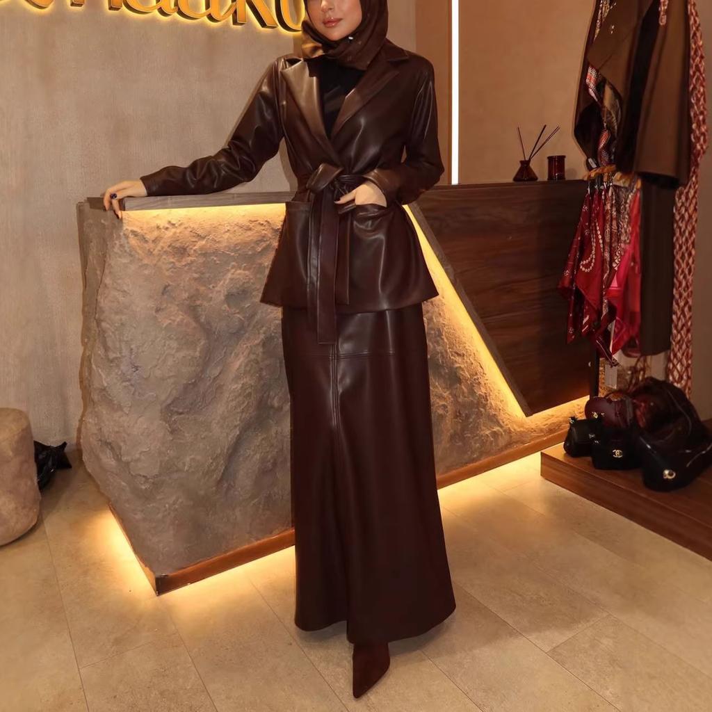 2026 autumn new European and American women's clothing cross-border long-sleeved waist suit top high waist hip skirt two-piece set