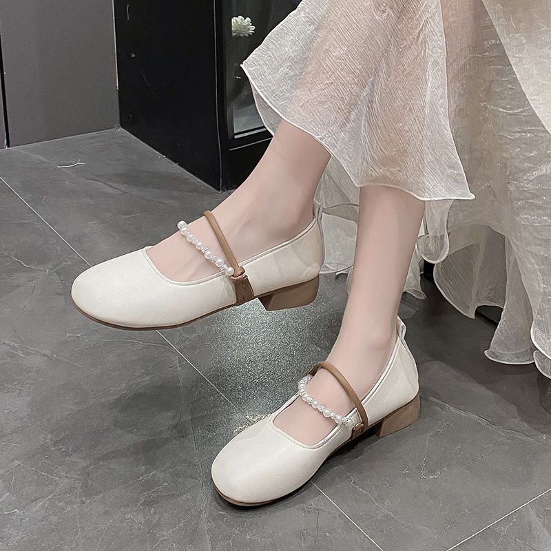 Doudou Pearl Shallow Mouth Mary Jane Shoes Women's Summer and Autumn New Soft-soled Not Tired Feet Ladle Shoes Single Shoes