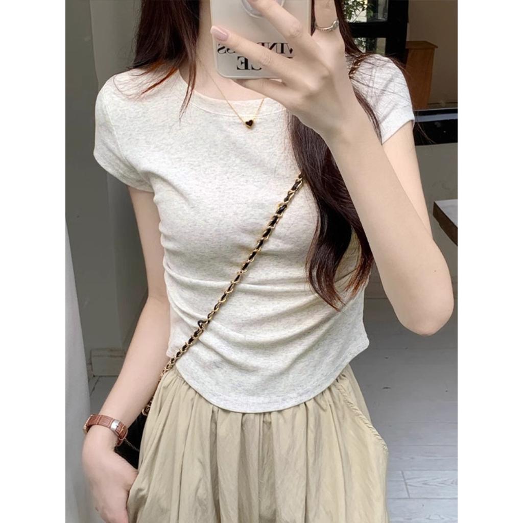 Sweet and Pure Desire Shoulder Short Sleeved T-shirt for Women, Embroidered with Bow, Spring and Summer Version Pleated Waist Cinching Short Top