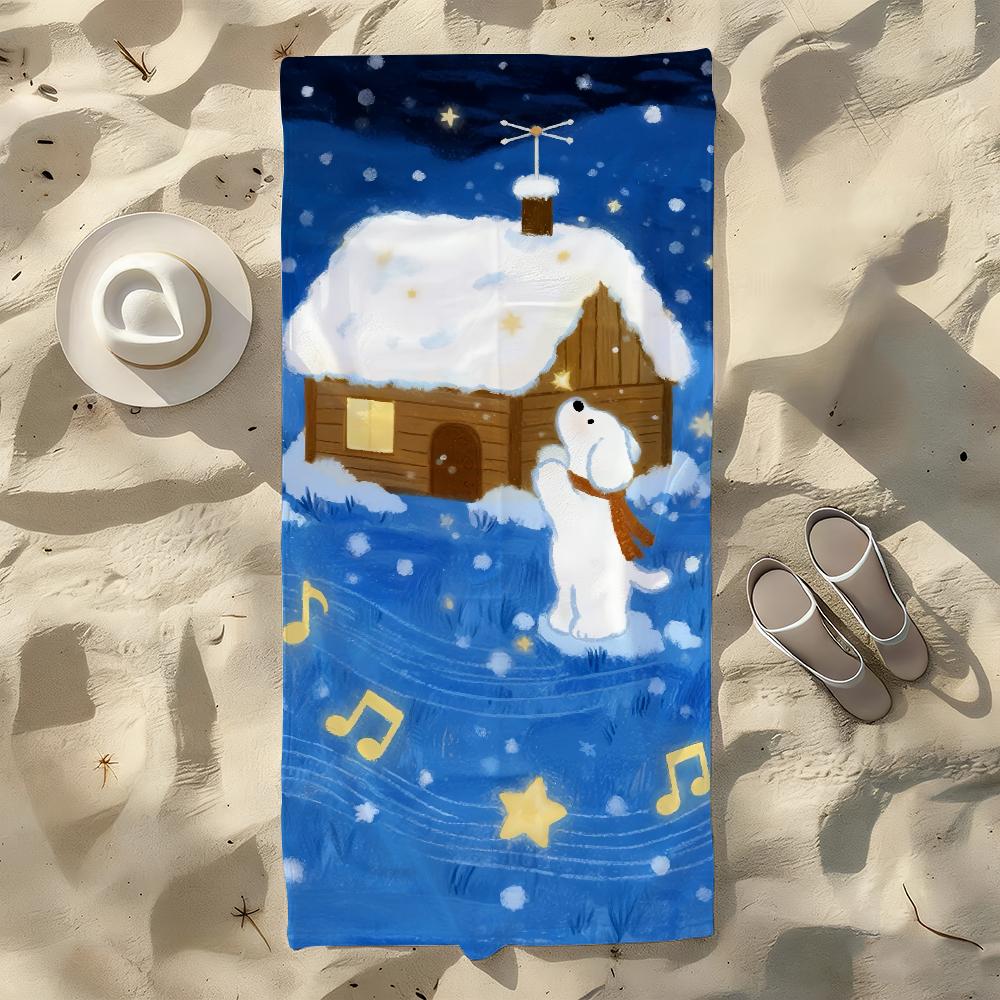 Cute Dog And Snow Towel For Swim Yoga Gym Quick Drying Soft and Skin-friendly Beach Towels All-Season