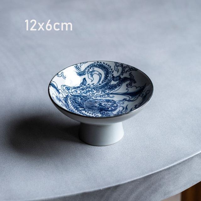 Antiker blau-weißer Dessertteller mit hohem Fuß, Obsthalter, chinesischer Gebäckteller, Tablett, Keramik-Obst-Sanck-Teller, Service-Tablett