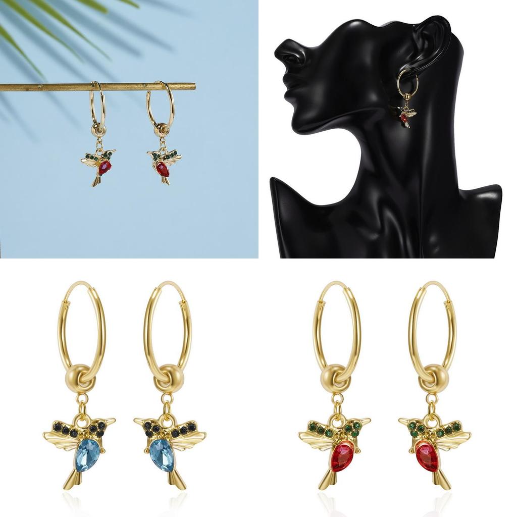 Hummingbird Animal Earrings Alloy Water Drilling Vintage Hoop For Teens