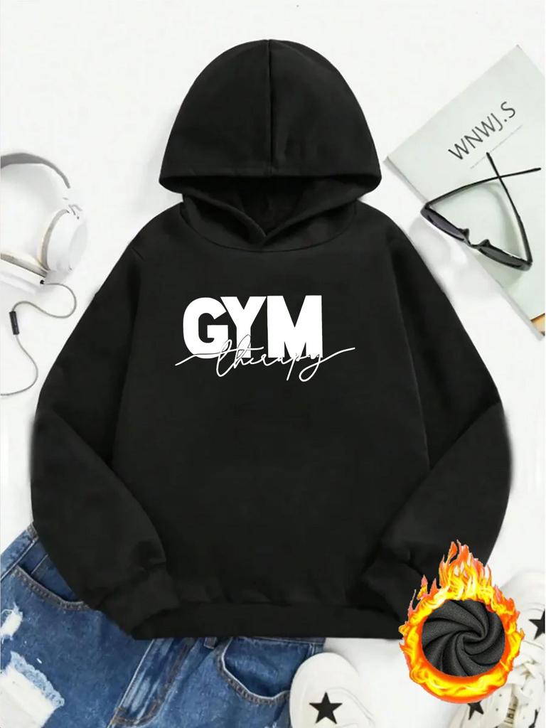 1pc Fashion Women'S Autumn Winter Warm Elegant Beautiful Y2K Style Printed Pattern GYM Therapy Letter Pattern Fleece Hooded Sweats
