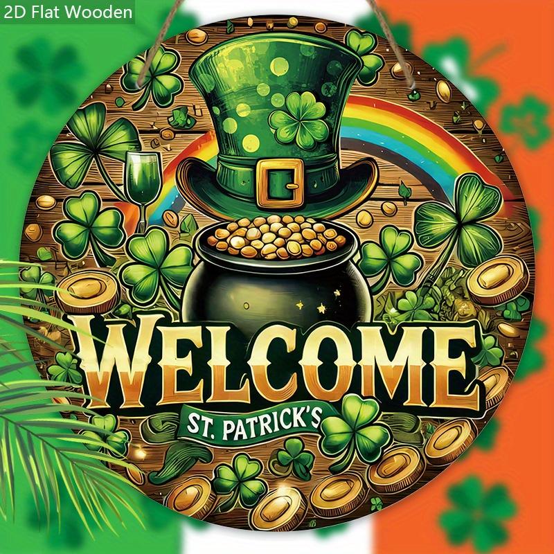 St. Patrick's Day Pot of Gold Welcome Wooden Sign, Round Front Door Decor, Lucky Clover & Rainbow Wall Hanging - Ideal for St. Paddy's Day