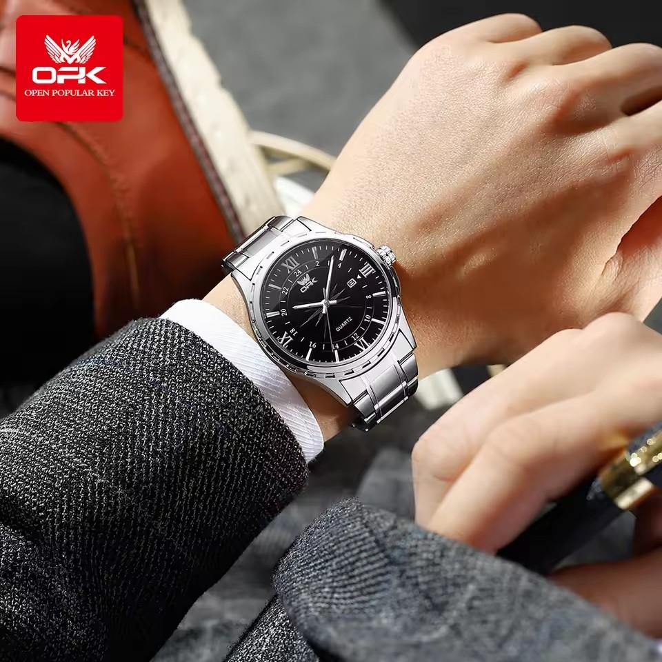 OPK Men's Retro 40mm Stainless Steel Belt Silver Black Quartz Watch Simple Sport Fashion Style with Luminous Calendar Waterproof