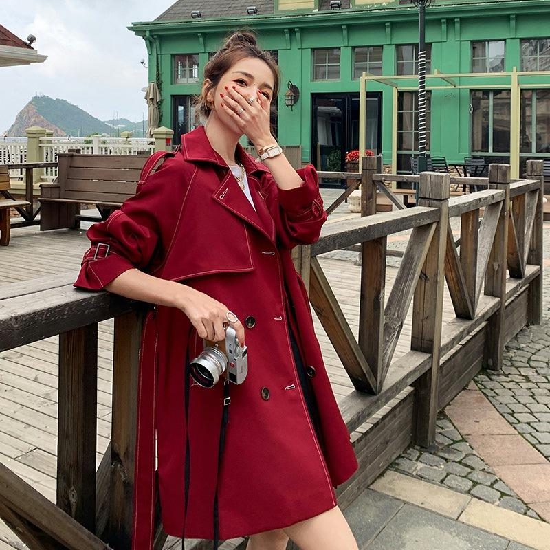 New Spring and Autumn Women's Clothing Small Medium-Length Topstitched Double-Breasted Belt Waist Windbreaker