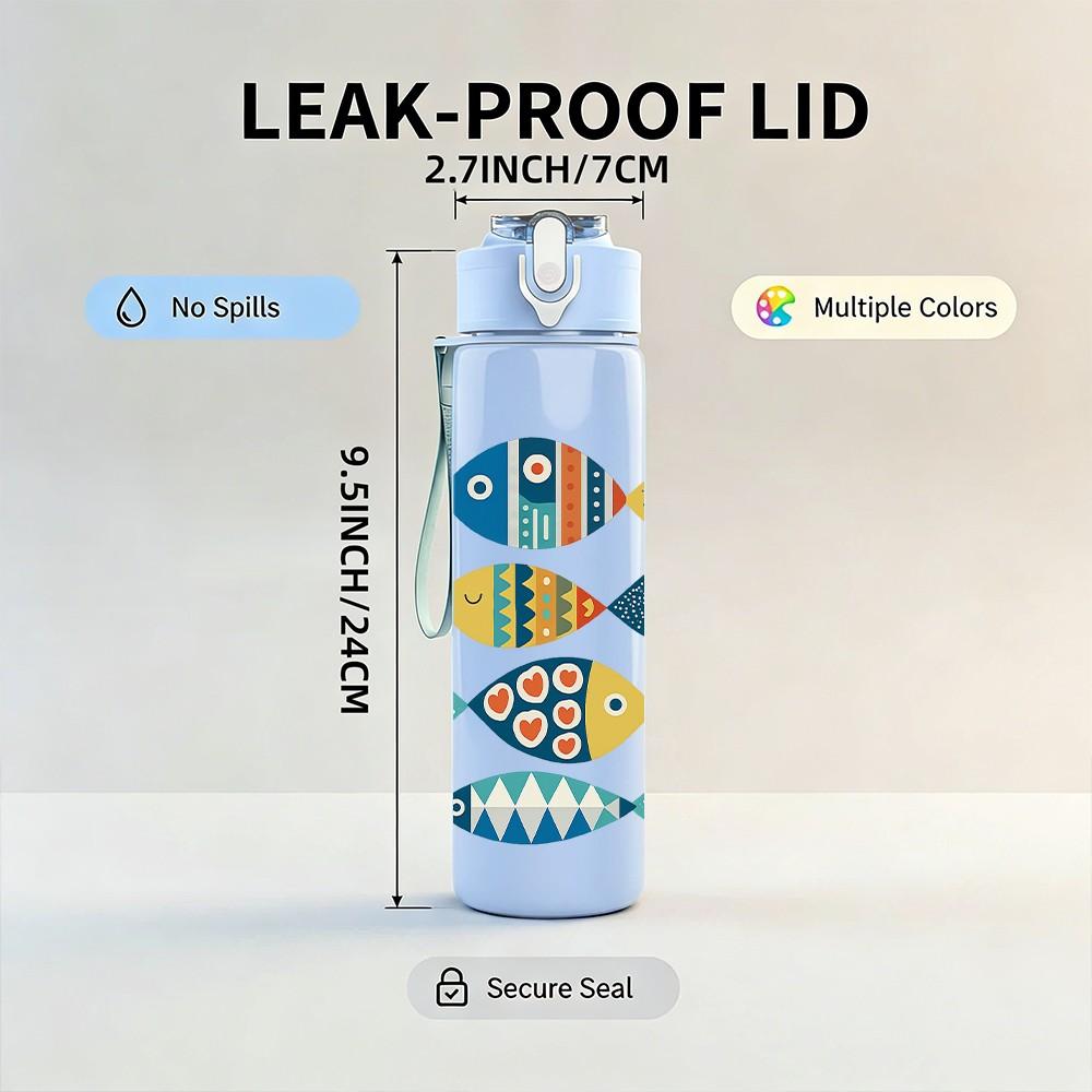 1PC Colorful School Of Fish Print 750ml Color Plastic Sports Water Bottle Leakproof Flip Straw Lid Suitable for Sports Office Home Use