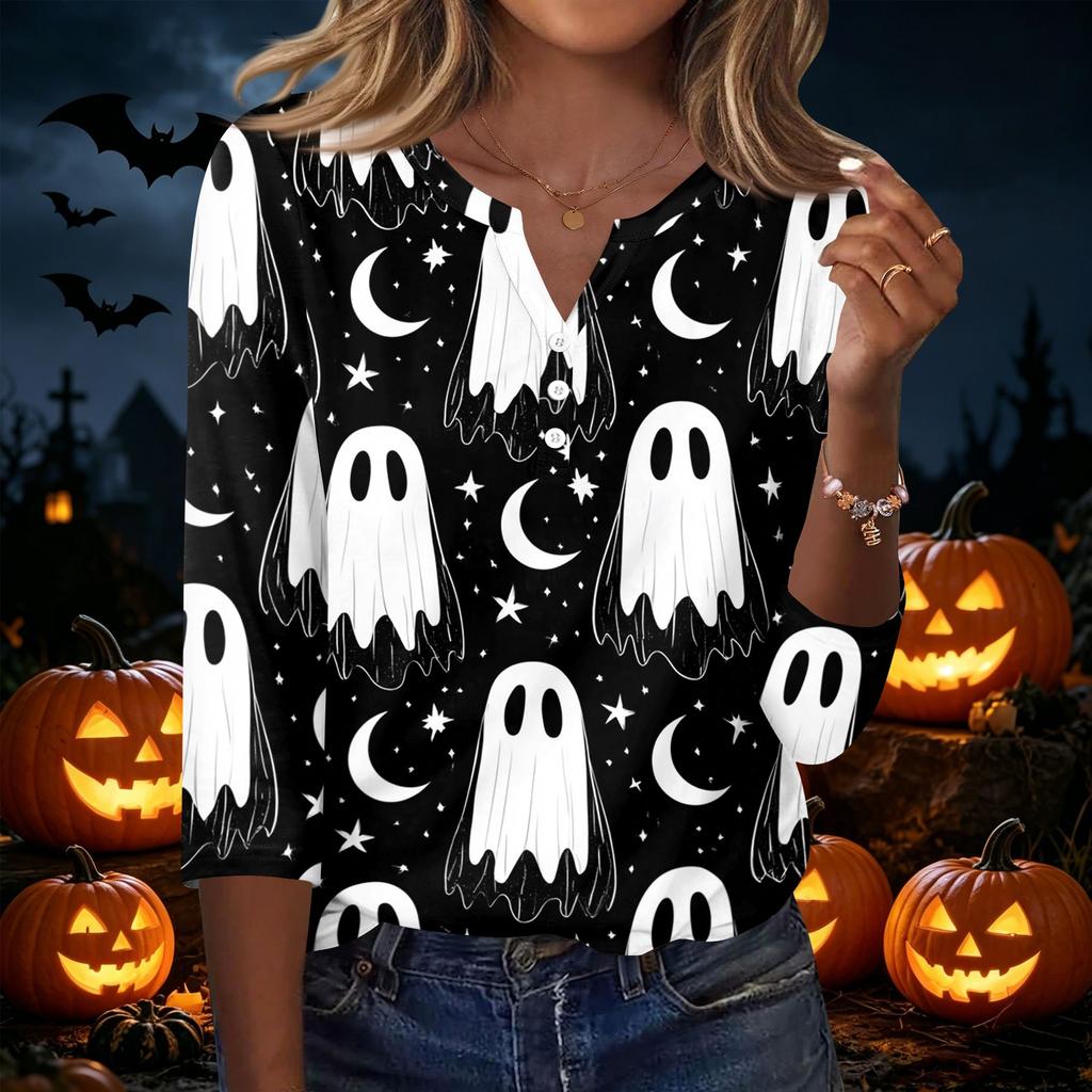 Women's Casual Halloween Print V Neck Button Front Three Quarter Sleeve T Shirt Top Lightweight Soft Fabric Comfortable Fit