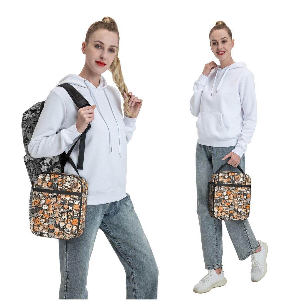 Cartoon Colour Kitten Pattern Insulated Lunch Bag for Women Kids Leakproof Food Boxes Thermal Lunch Box Tote