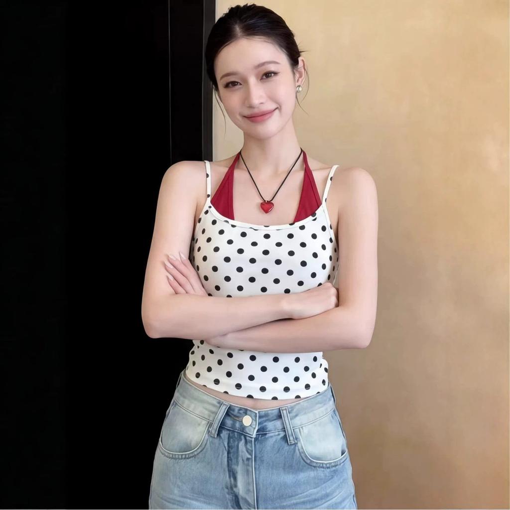 Spice Girl Design Sense Polka Dot Splicing Neck Sling Vest Women's Summer Slim Skinny Versatile Good-looking Halter Top