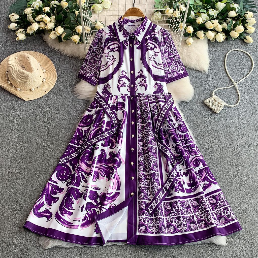 French Court Style Retro Blue and White Porcelain Printed Lapel Dress Women's Spring and Autumn Breasted Waist and Thin Big Swing Dress