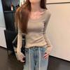 Korean Style Slim Fit U-Neck Long Sleeve Knitted Top for Women - Early Autumn 2024 Fashion Versatile Base Shirt