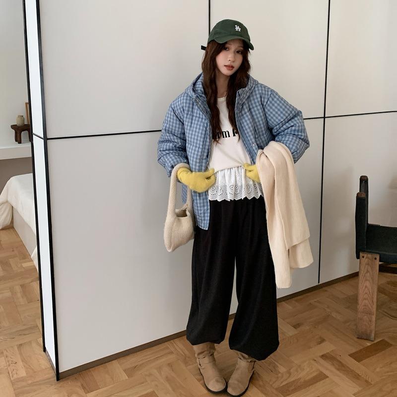 Wind Stand-up Collar Short Cotton Clothes for Women's Autumn and Winter New Casual Blue Plaid Thickened Outer Wear Trend