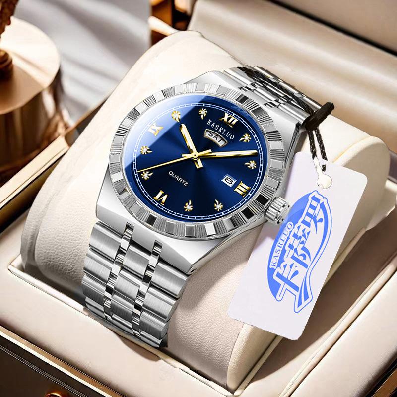 Men'S Watch Stainless Steel Waterproof Non-Mechanical Luminous Calendar Fashion Steel Belt Watch