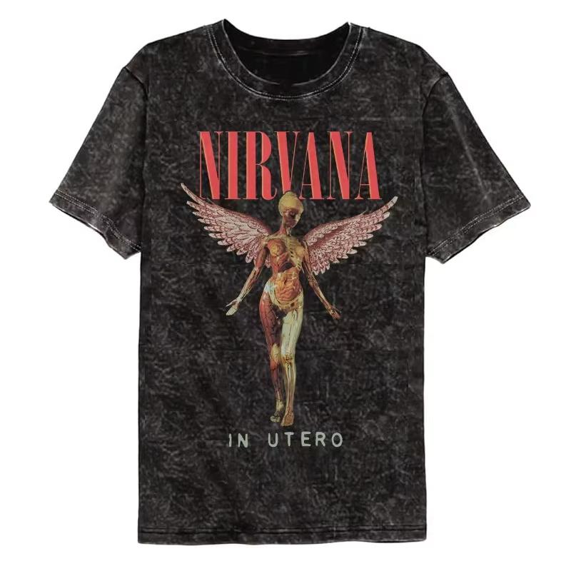 Camiseta Retro de Algodón Lavado para Hombre de la Banda de Rock Nirvana Álbum Utero Hombre Mujer Oversize YK Camiseta con Desgaste Casual Holgada Streetwear