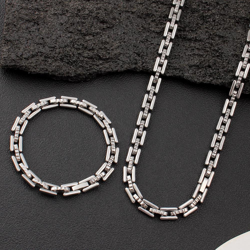European Style 18K Gold Titanium Steel Square Link Necklace & Bracelet Set