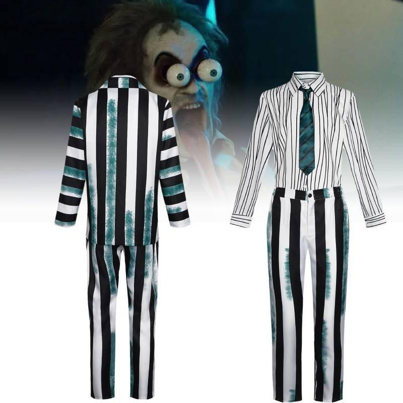 Snygg Beetlejuice Cosplay-dräkt med gröna, svarta och vita ränder Mjukt tyg