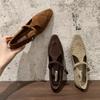 Women's Suede Mary Jane Single Shoes Flats with Stitch Detail and Buckle Strap Elegant and Comfortable Classic Retro Square Toe