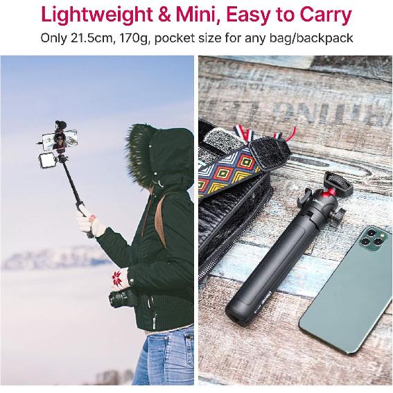 ULANZI MT-16 Extendable Mini Camera Tripod, 4 Levels Adjustment 360° Ball Head Cold Shoe Lightweight Portable Vlog Travel Selfie Stick Handle Grip