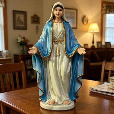Blessed Mother Virgin Mary Statue with Open Arm Religious Catholic Sculpture Hand Painted Saint Mary Figurine for Indoor Home Decor