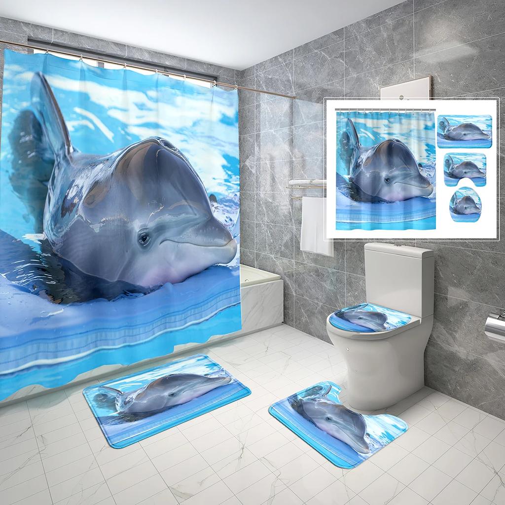 4 Sets Dolphin Shower Curtain Sets With Non-Slip Bath Mat,Toilet Lid Cover And Ocean Animals Blue Sea World Shower Curtain Set