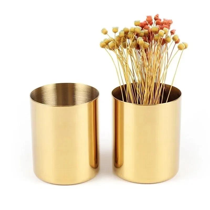 Gold Stainless Steel Round Pencil Case Metal Creative Storage Pencil Case Software Ornaments Vase Flower Arrangement