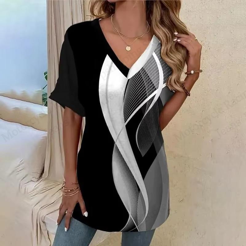 Gestreiftes 3D-Druck T-Shirt Damenmode V-Ausschnitt Kurzarm Einfaches T-Shirt Sommer Casual Übergröße Oberteile Tees Damenbekleidung