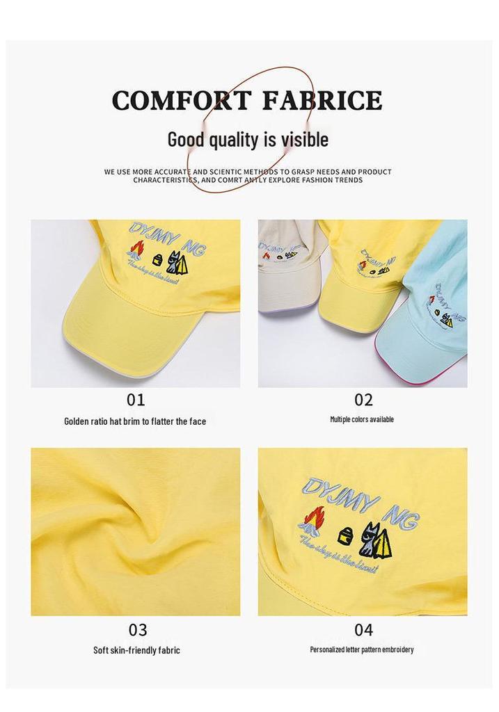 Yellow Cartoon Embroidery Headscarf Baseball Cap for Women – Hip Hop Style, Face-Slimming, Trendy Streetwear Accessory.